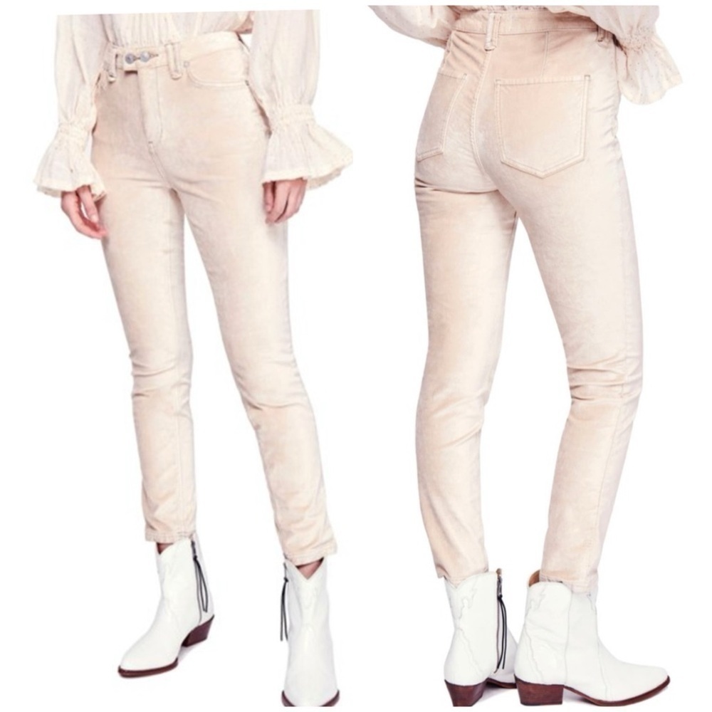 Free People Sweet Jane Velvet Cream Champagne High Waist Skinny Pants Sz 25